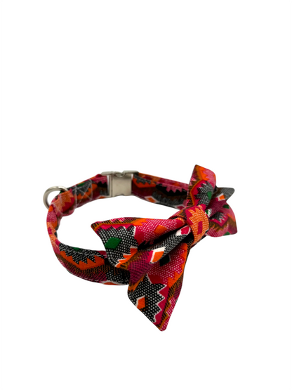 Dog Bow and Collar - Red Dhaka